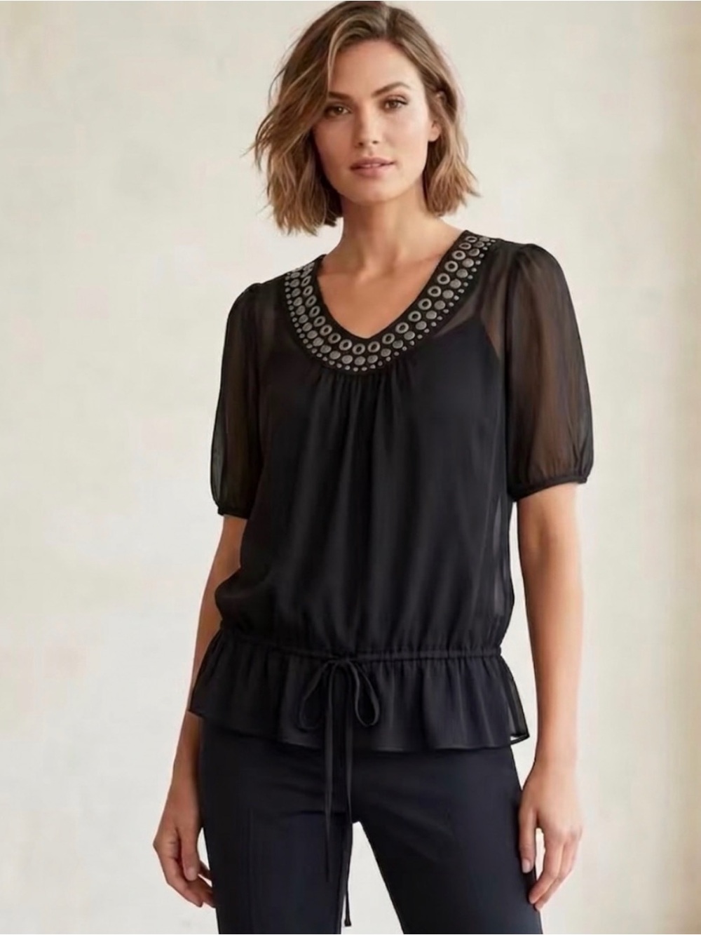 I.N. San Francisco sheer black blouse peplum style with black camisole, …